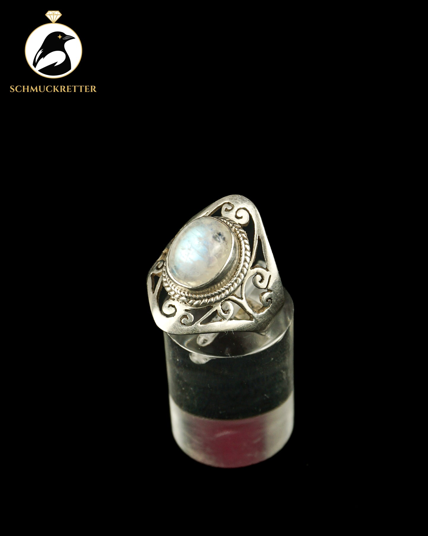 Mondstein-Ring aus 925 Silber mit verziertem Ringkopf, Gr. 53