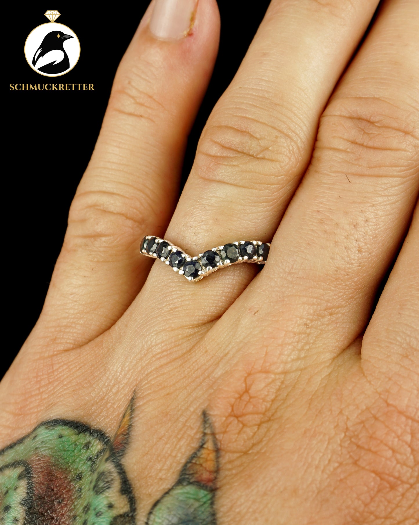Spitzer Halbmemory-Ring mit Saphiren aus 925 Silber, Gr. 57