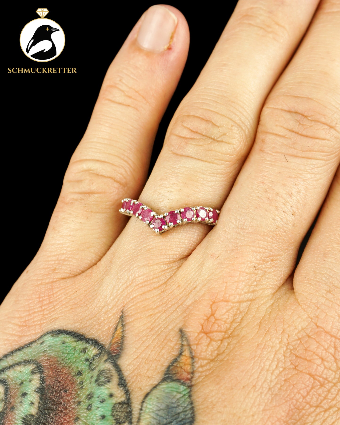 Spitzer Halbmemory-Ring mit Rubinen aus 925 Silber, Gr. 57