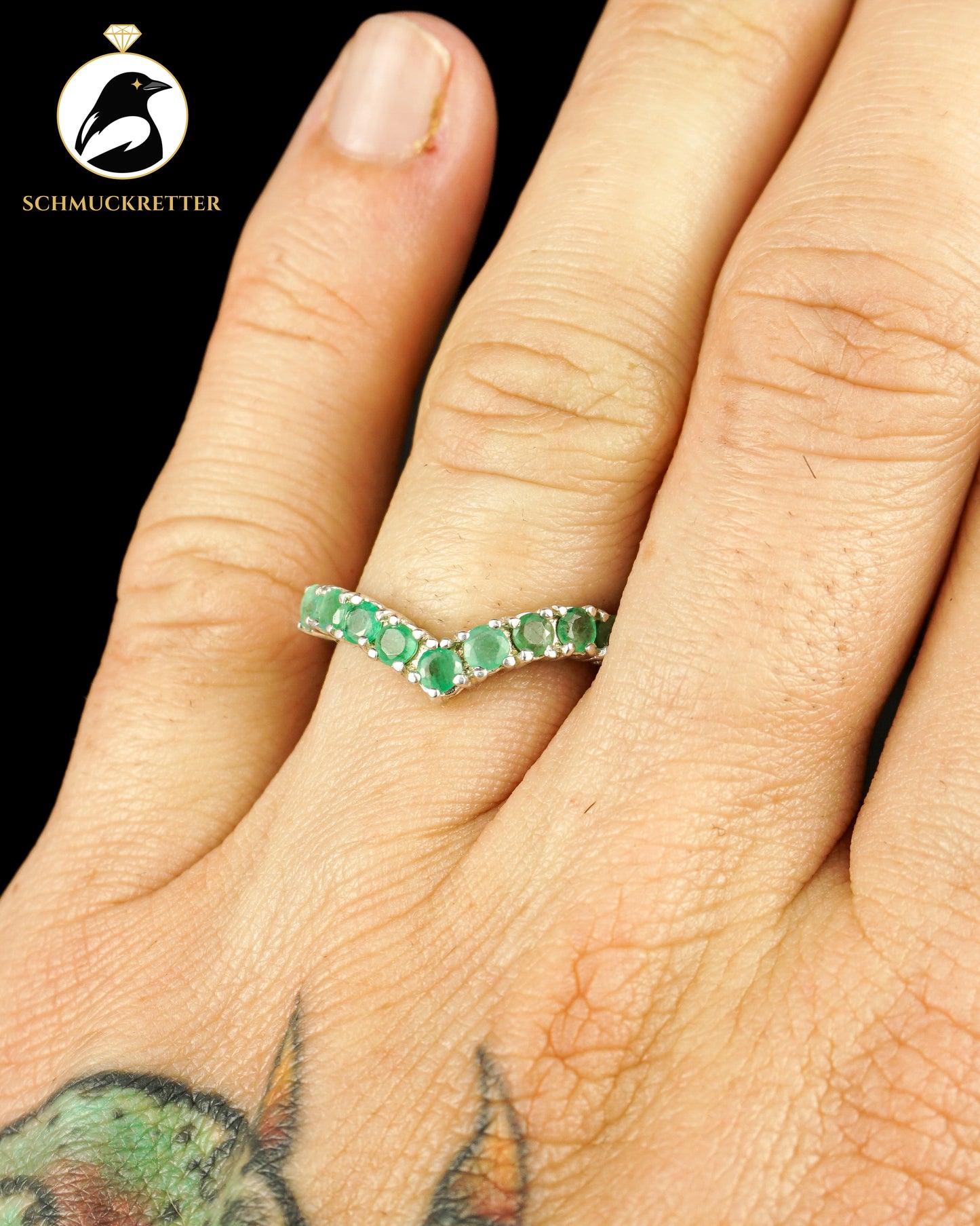 Spitzer Halbmemory-Ring mit Smaragden aus 925 Silber, Gr. 57