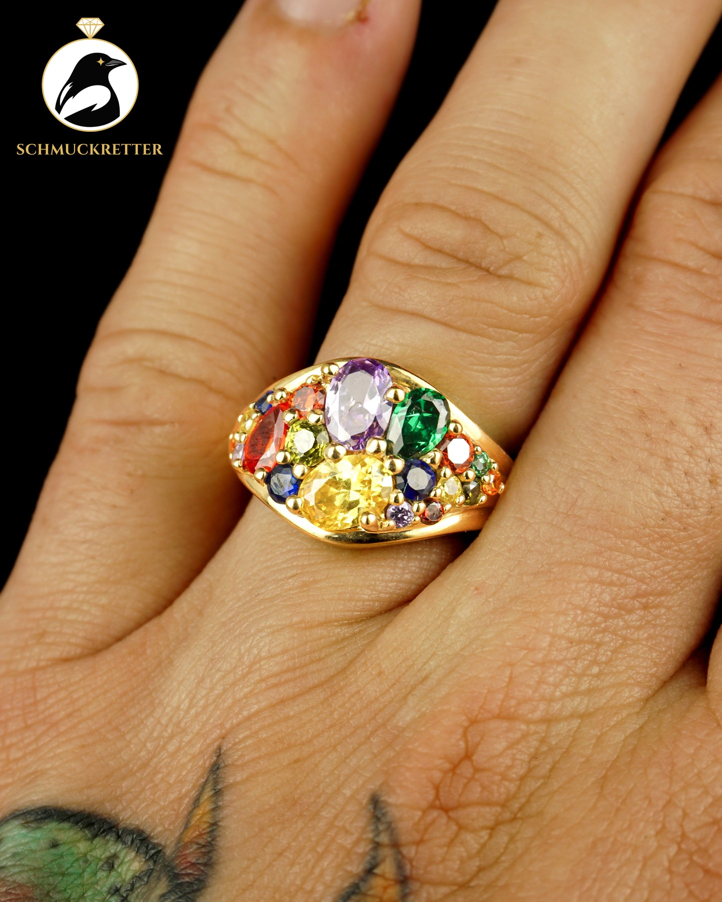 Vergoldeter 925 Silber Cluster Ring mit bunten Zirkonia, Gr. 56