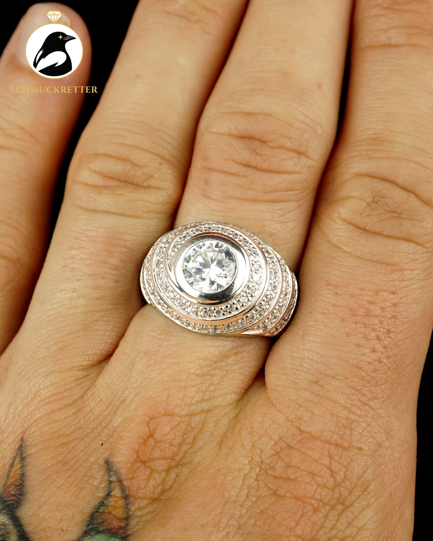 Breiter Diamonique-Ring, aus 925 Silber, spiralförmige Anordnung, Gr. 60