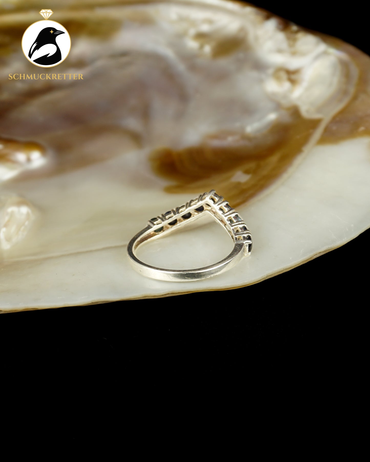 Spitzer Halbmemory-Ring mit Saphiren aus 925 Silber, Gr. 57