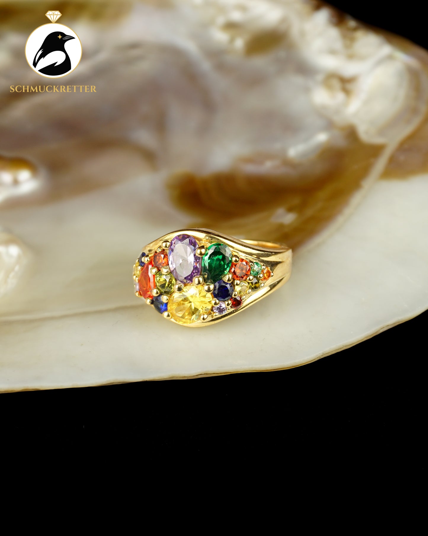 Vergoldeter 925 Silber Cluster Ring mit bunten Zirkonia, Gr. 56