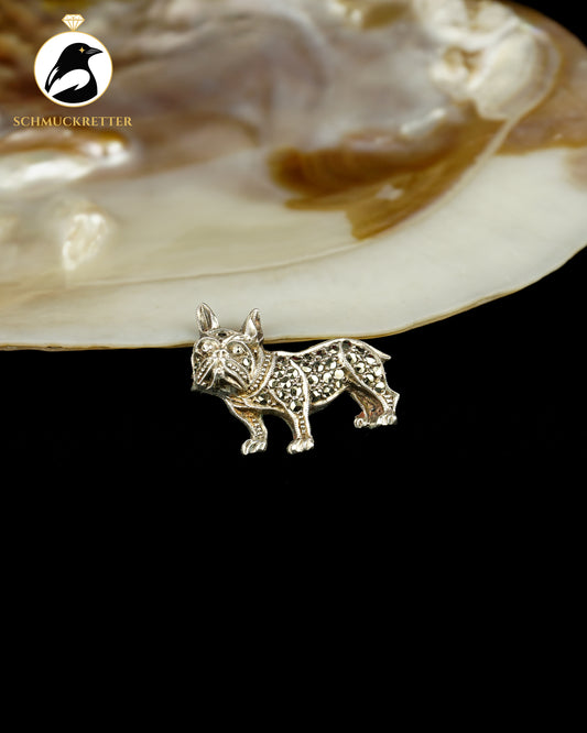 Französische Bulldogge: Brosche aus 925 Silber mit Markasiten