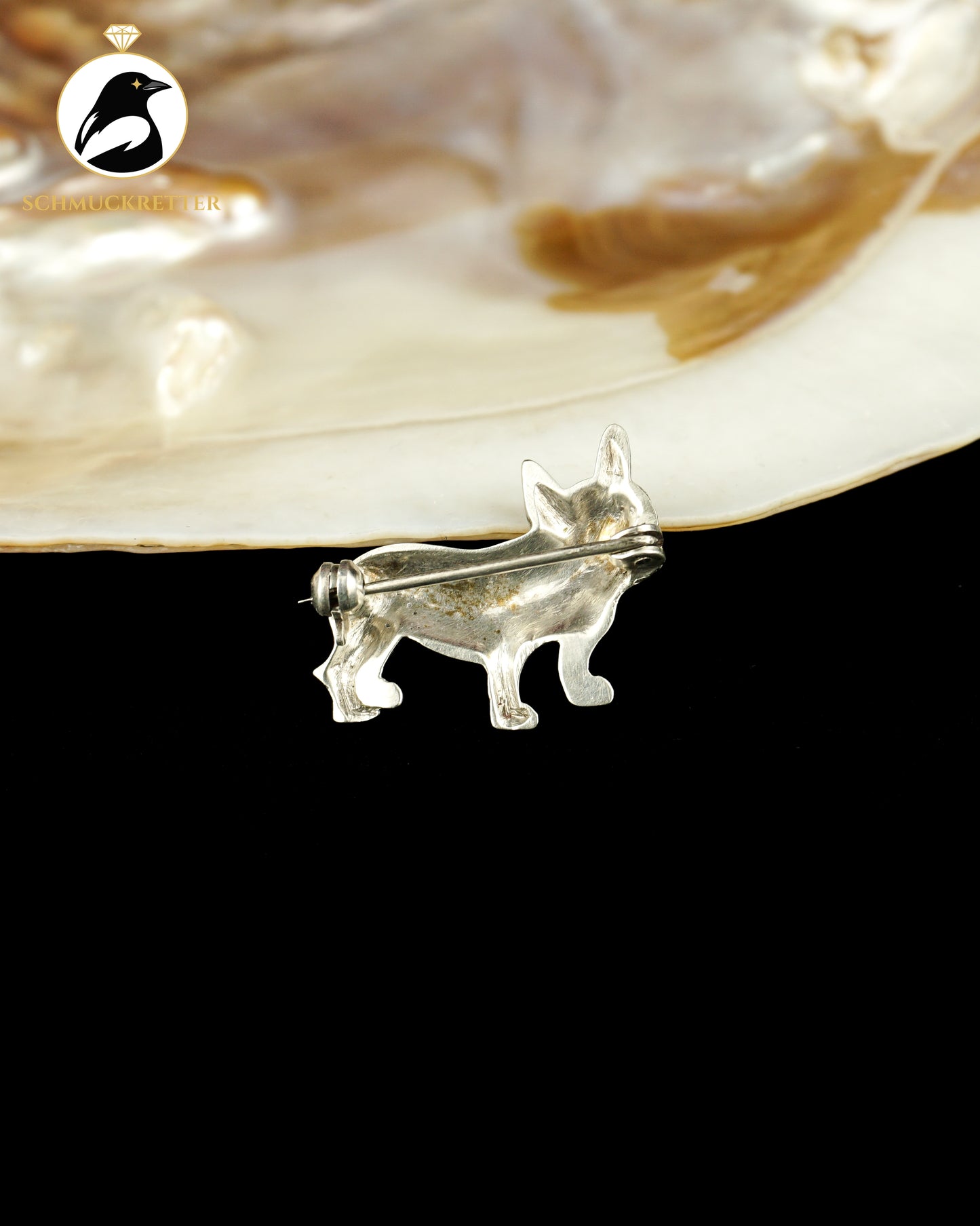 Französische Bulldogge: Brosche aus 925 Silber mit Markasiten