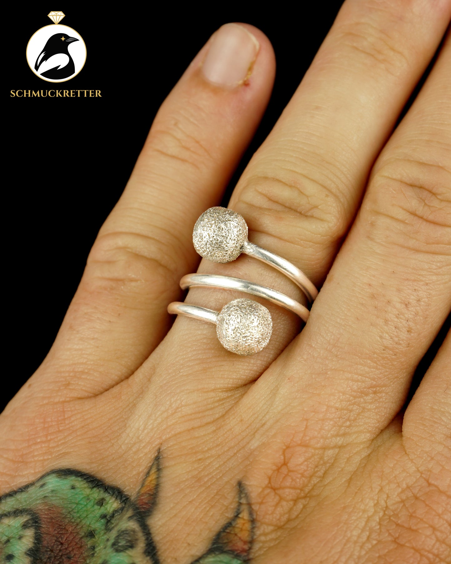 925 Silber Ring mit zwei eismatt gebürsteten Kugeln, Gr. 54