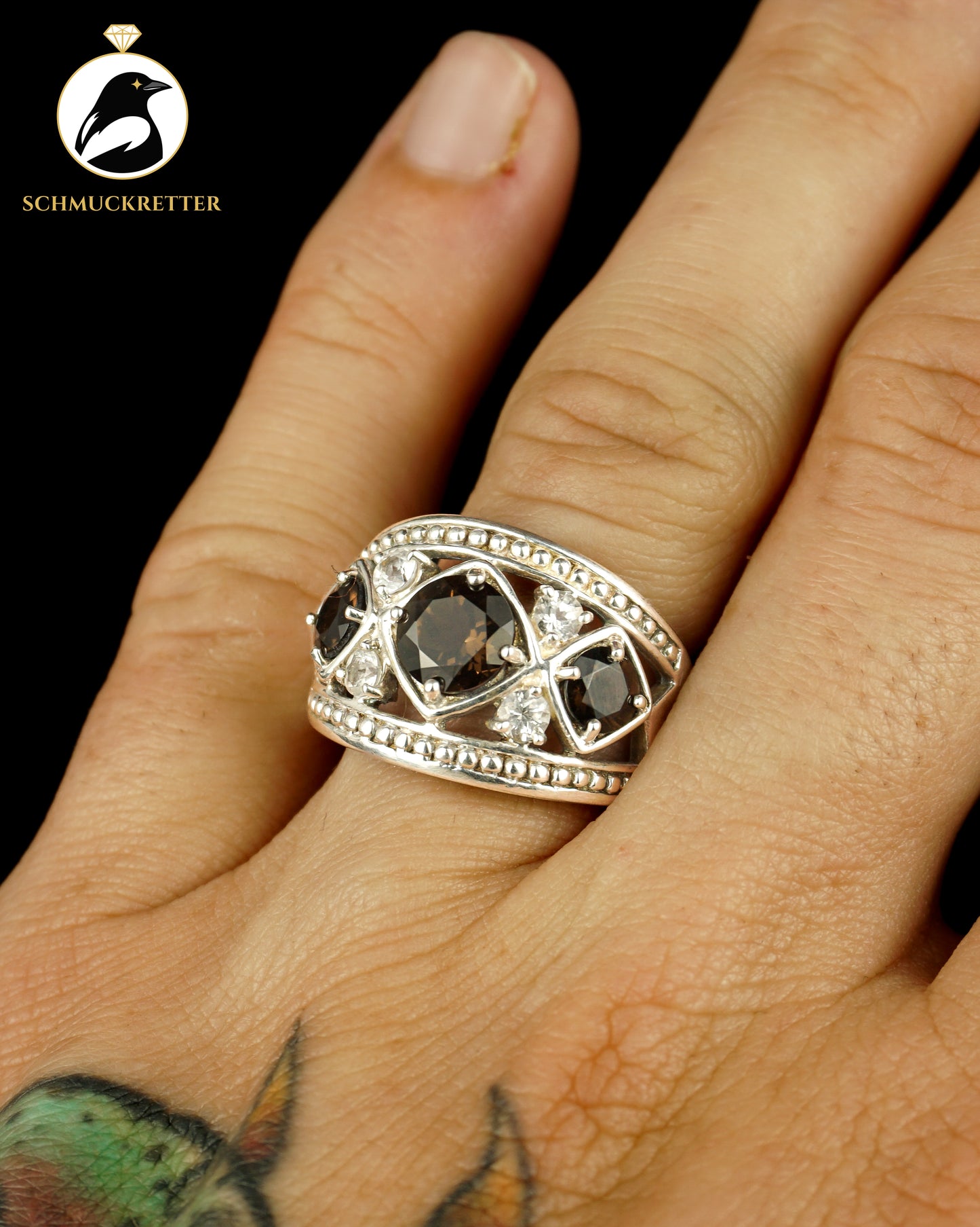 Breiter 925 Silber Ring mit Rauchquarz und Zirkonia, Gr. 60