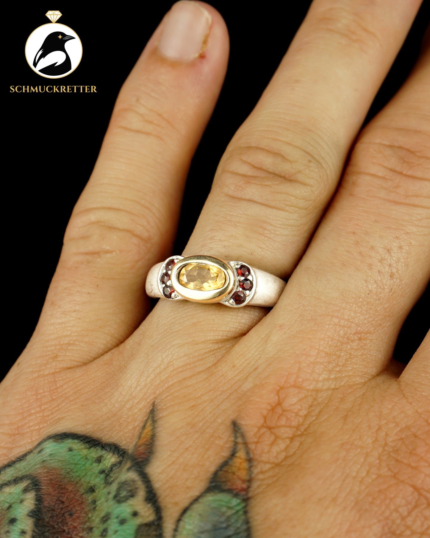 925 Silber Ring mit Granat & Citrin, bicolor, Gr. 60