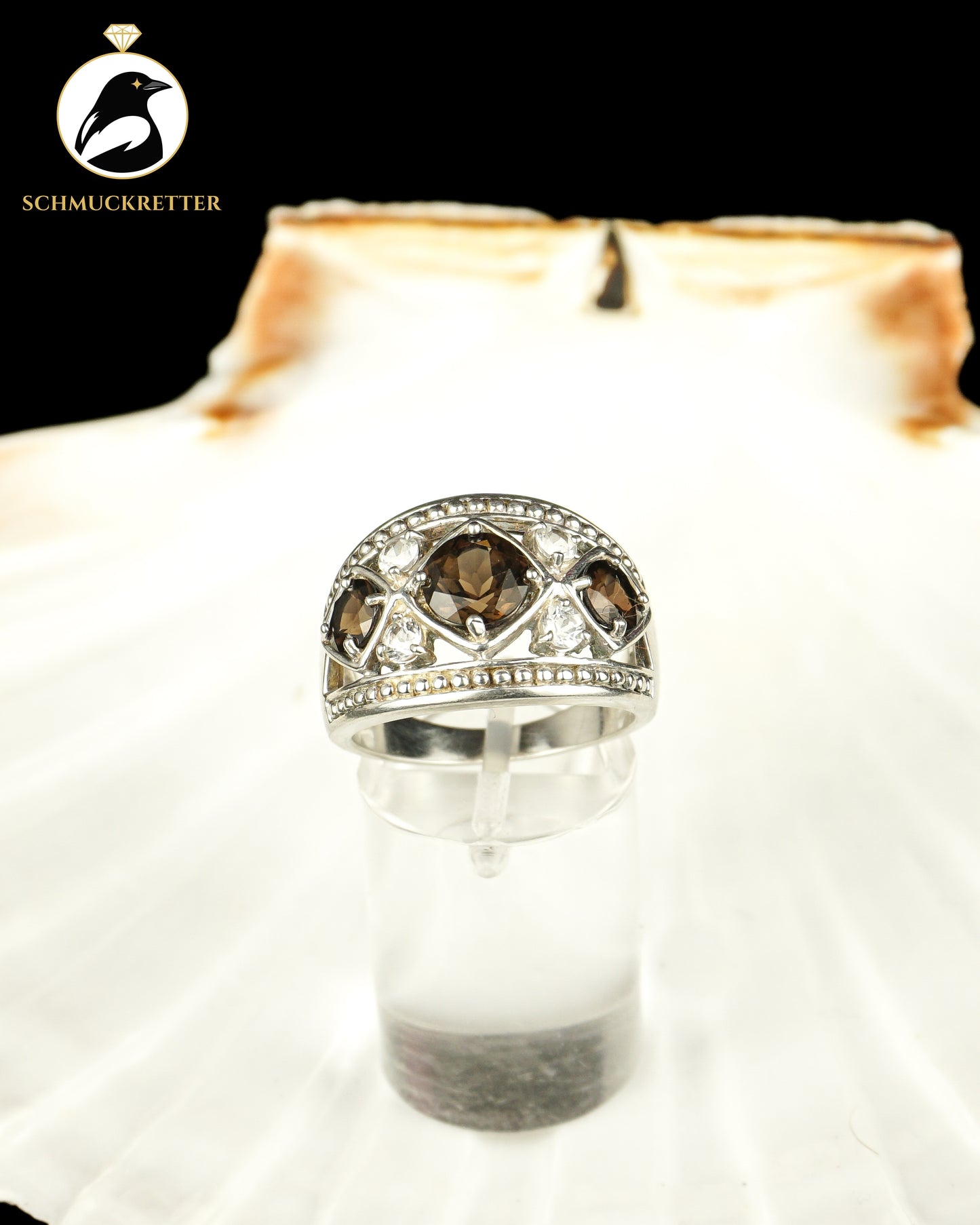 Breiter 925 Silber Ring mit Rauchquarz und Zirkonia, Gr. 60