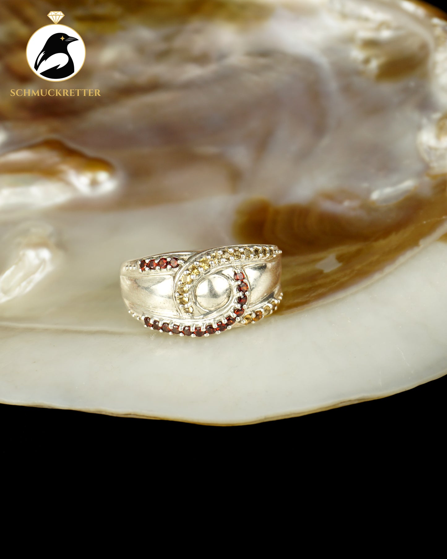 Breiter 925 Silber Ring mit Granat & Citrin, Gr. 60