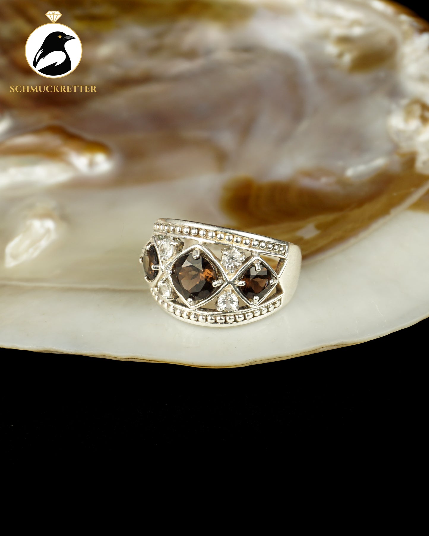 Breiter 925 Silber Ring mit Rauchquarz und Zirkonia, Gr. 60