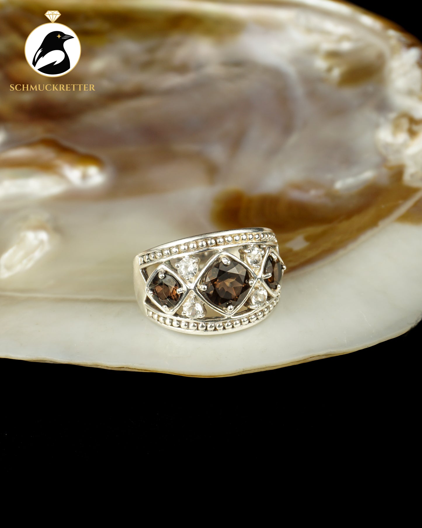Breiter 925 Silber Ring mit Rauchquarz und Zirkonia, Gr. 60