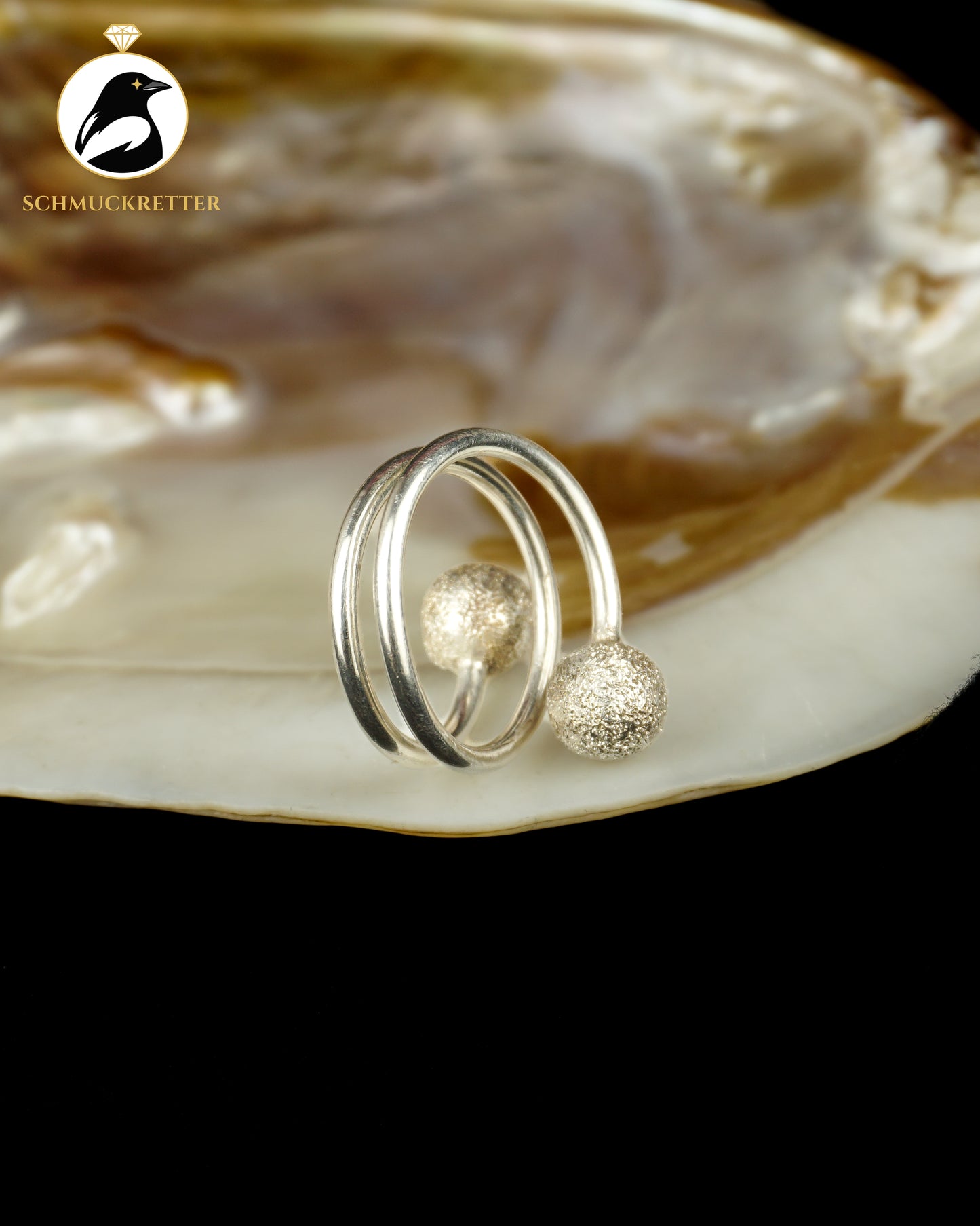 925 Silber Ring mit zwei eismatt gebürsteten Kugeln, Gr. 54