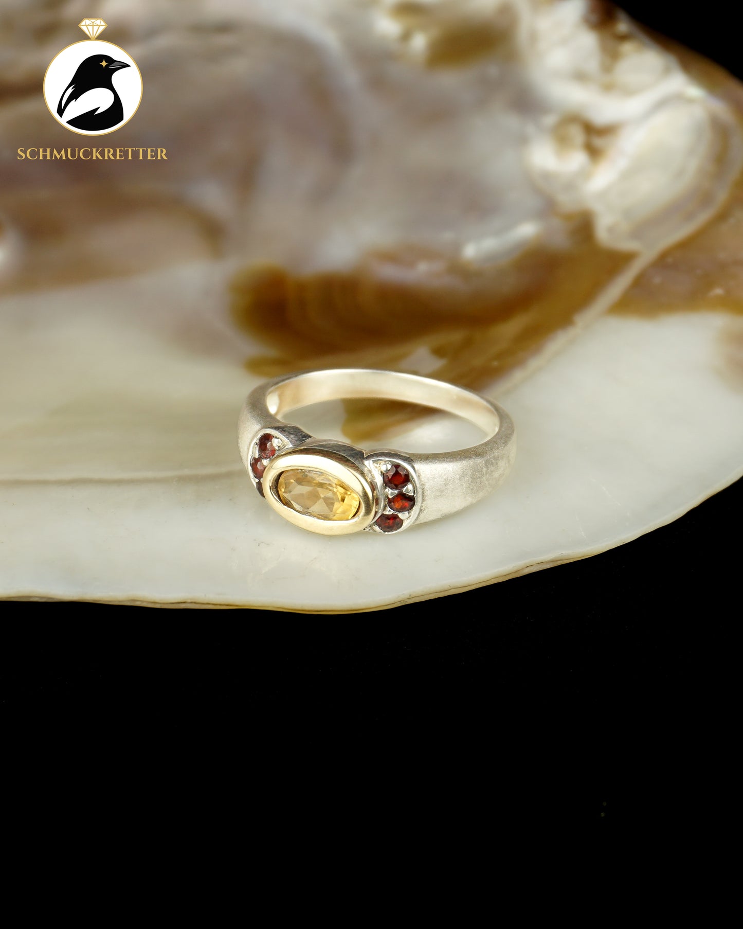 925 Silber Ring mit Granat & Citrin, bicolor, Gr. 60