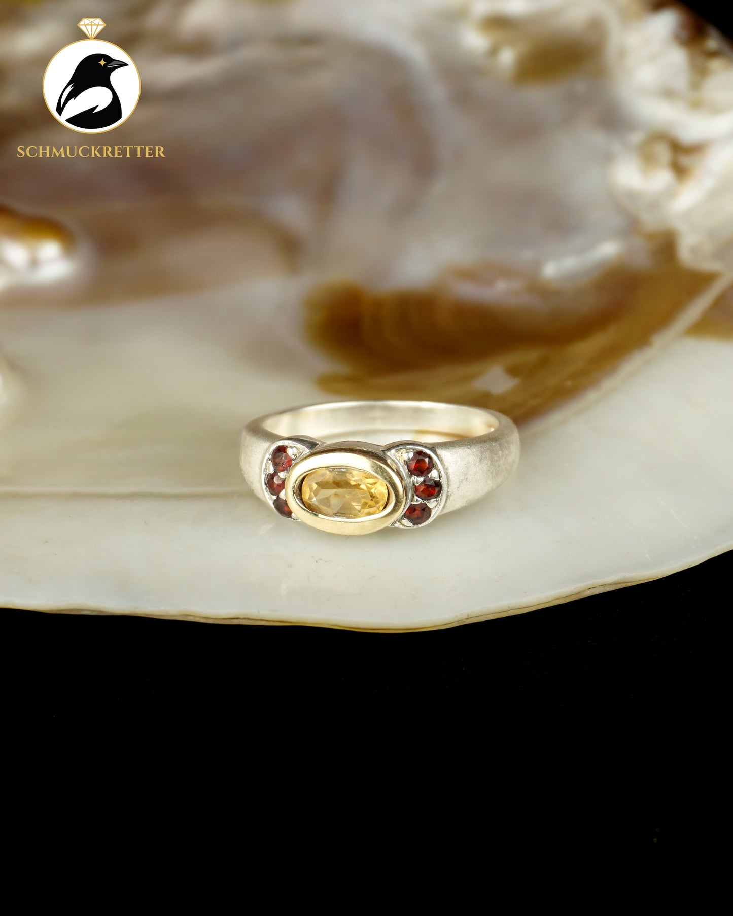 925 Silber Ring mit Granat & Citrin, bicolor, Gr. 60
