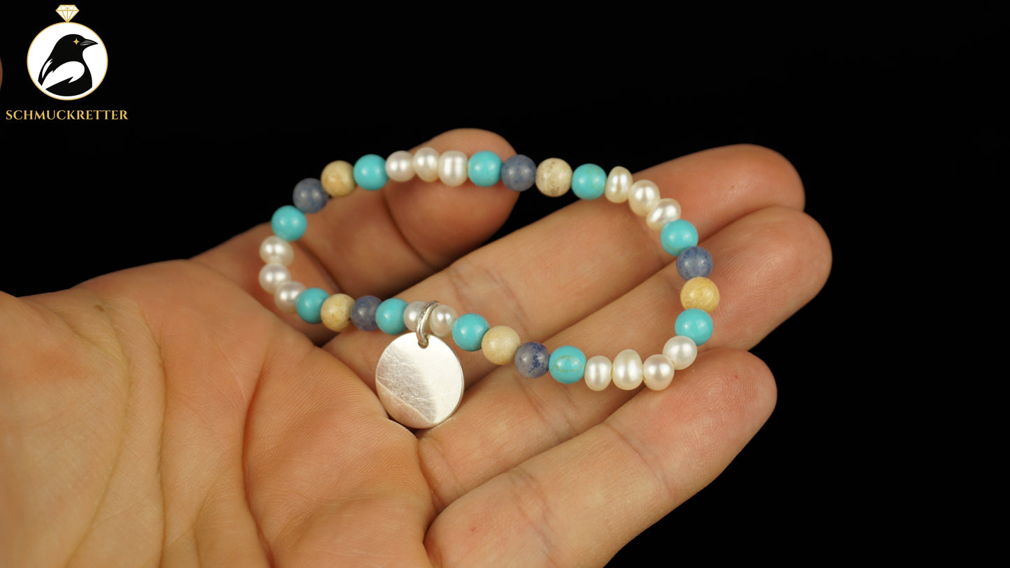 Edelstein- & Perlenarmband mit 925 Silber Gravurplatte - von Thomas Sabo