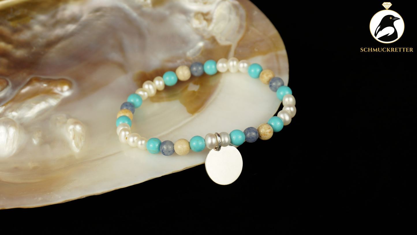 Edelstein- & Perlenarmband mit 925 Silber Gravurplatte - von Thomas Sabo