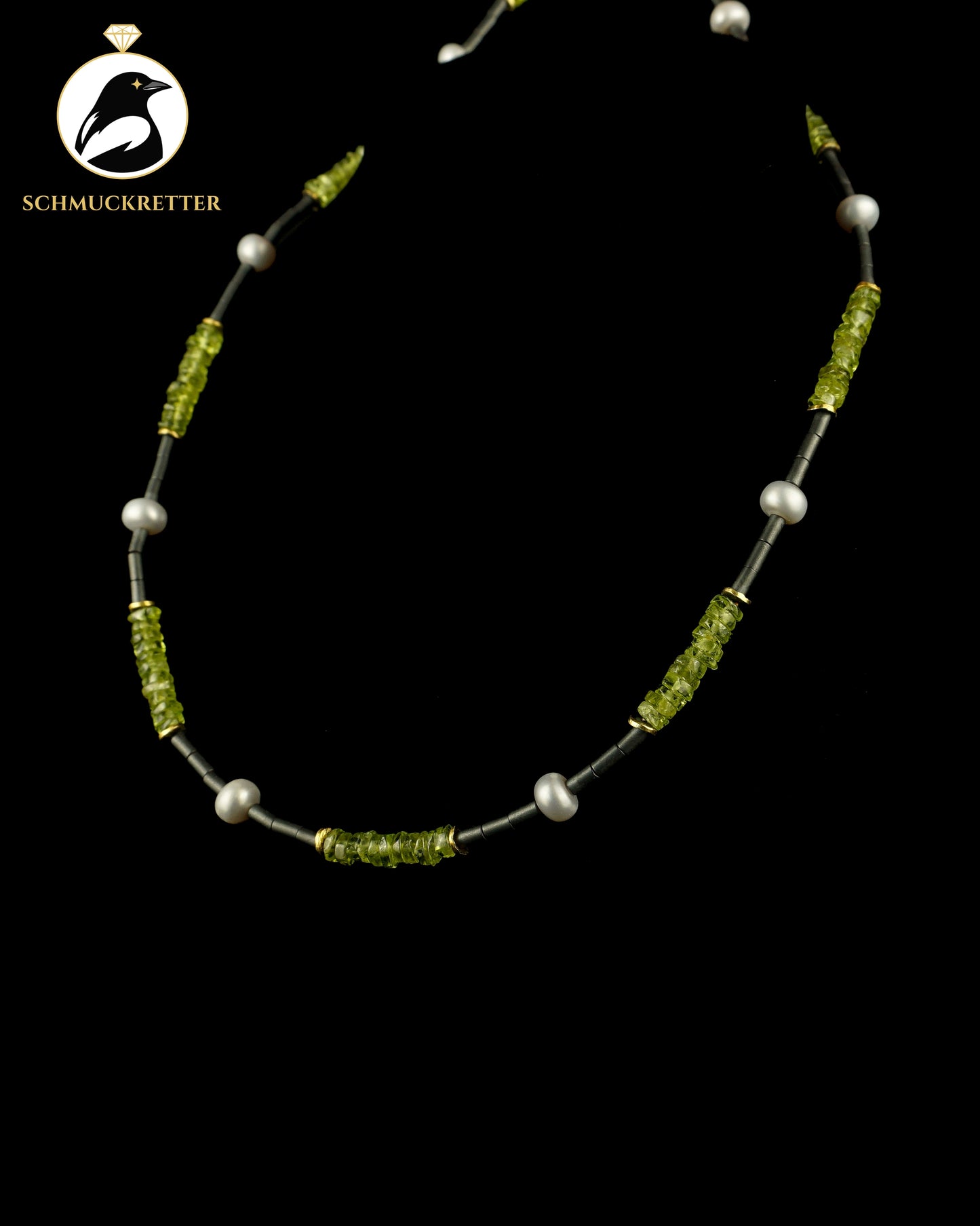 Kette mit Perlen, Peridot und mattem Hämatit, 925 Silber Verschluss