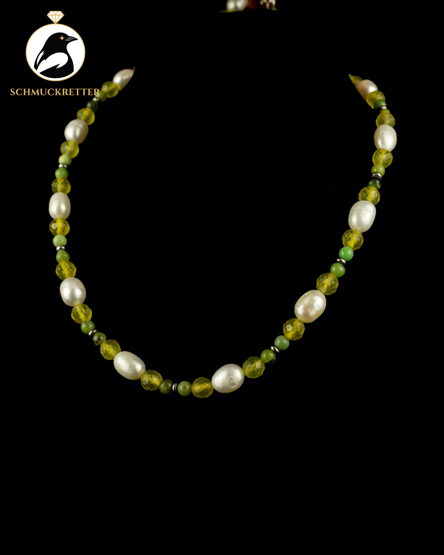 Kette mit Perlen, Chrysopras und Prehnit, 925 Silber Verschluss