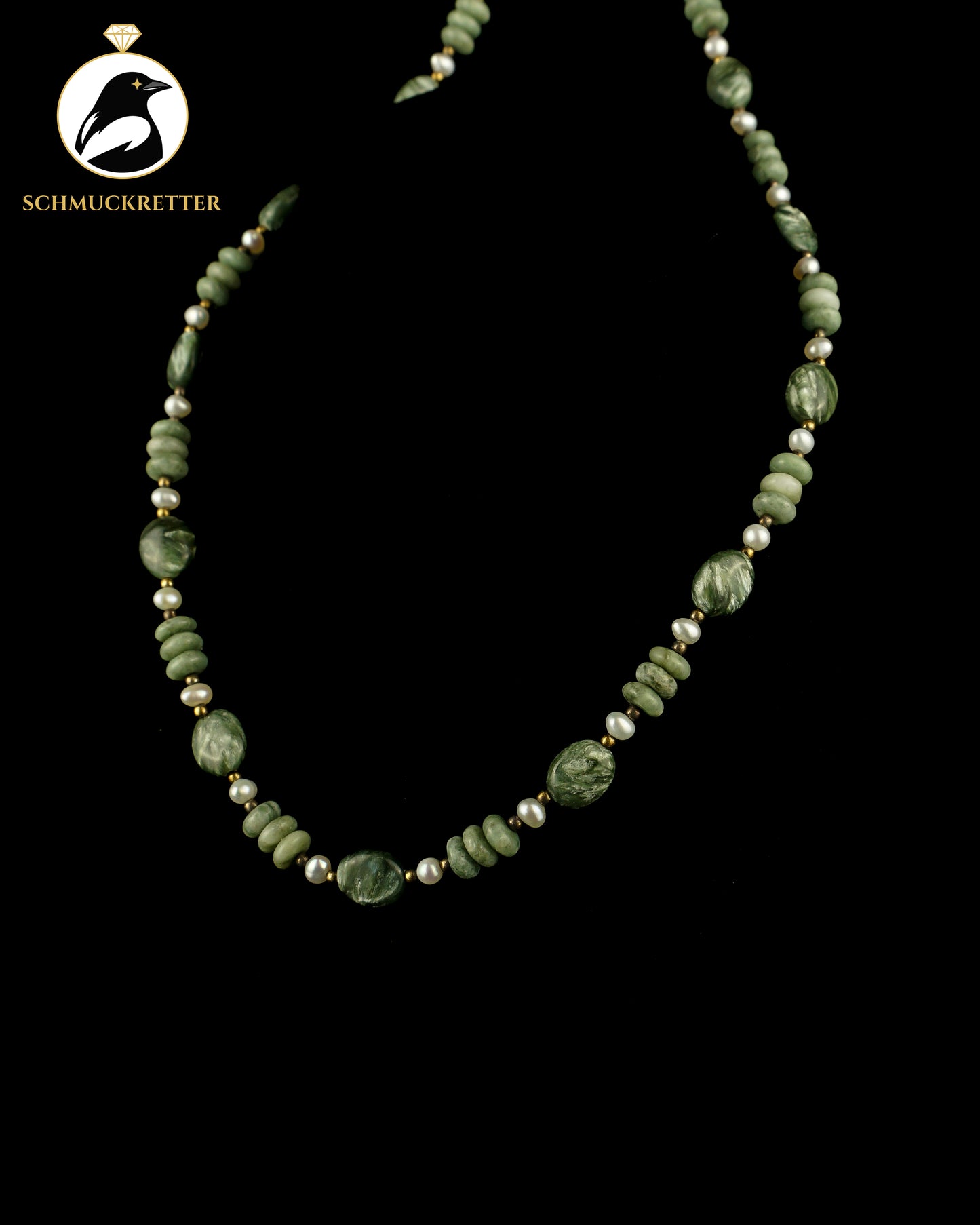 Jadekette mit Perlen und Seraphinit - mit 925 Silber Verschluss