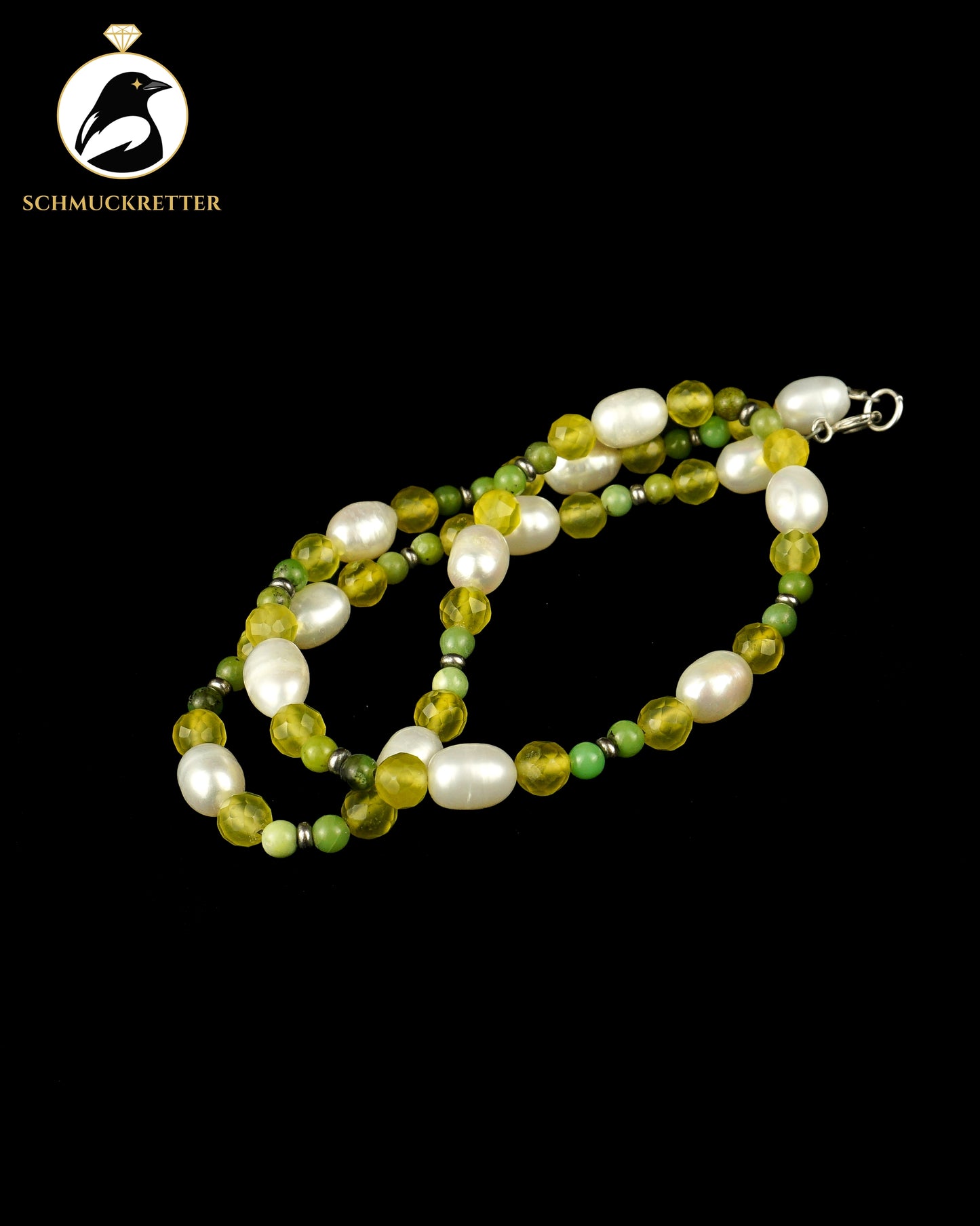 Kette mit Perlen, Chrysopras und Prehnit, 925 Silber Verschluss
