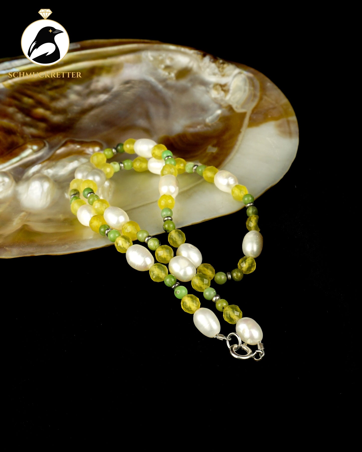 Kette mit Perlen, Chrysopras und Prehnit, 925 Silber Verschluss