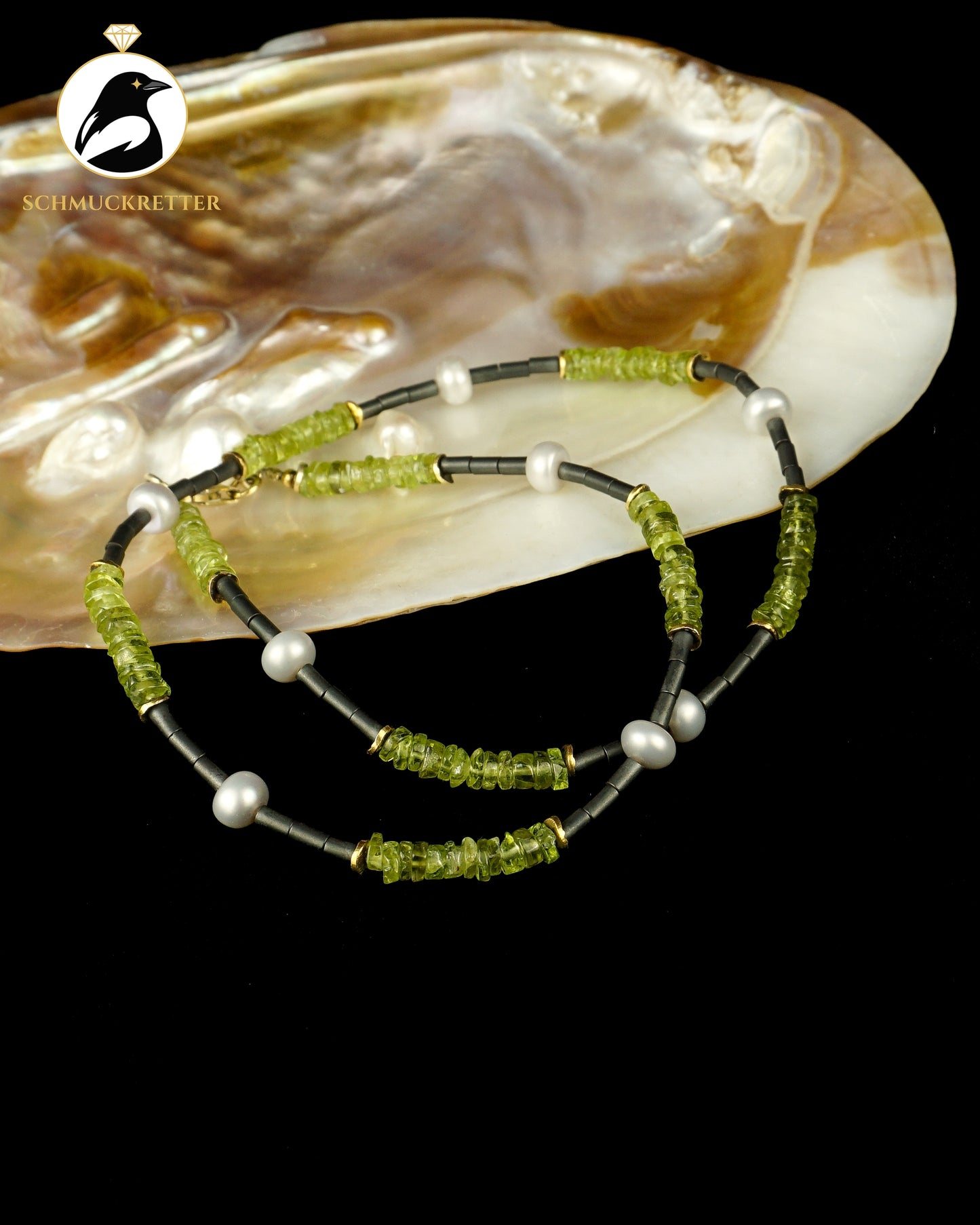 Kette mit Perlen, Peridot und mattem Hämatit, 925 Silber Verschluss