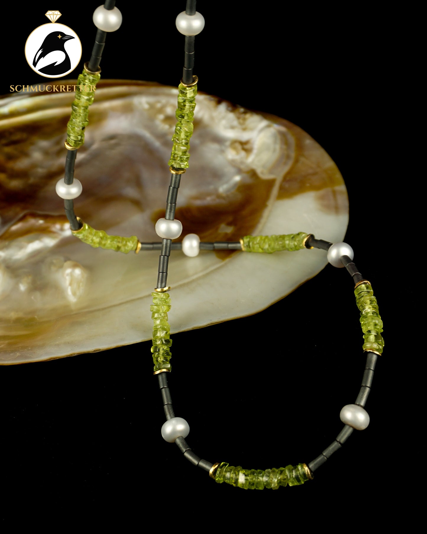 Kette mit Perlen, Peridot und mattem Hämatit, 925 Silber Verschluss