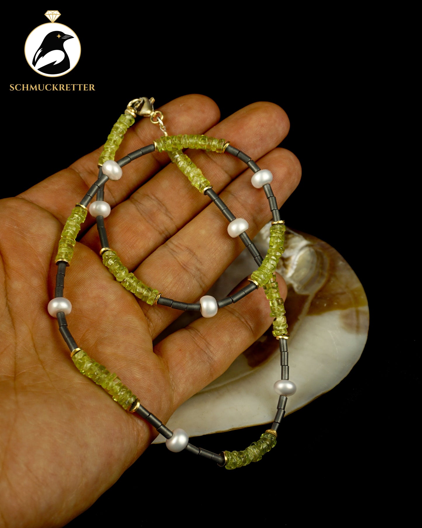 Kette mit Perlen, Peridot und mattem Hämatit, 925 Silber Verschluss