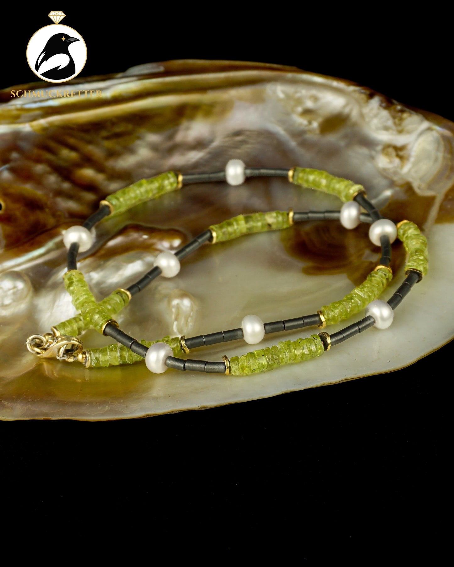 Kette mit Perlen, Peridot und mattem Hämatit, 925 Silber Verschluss