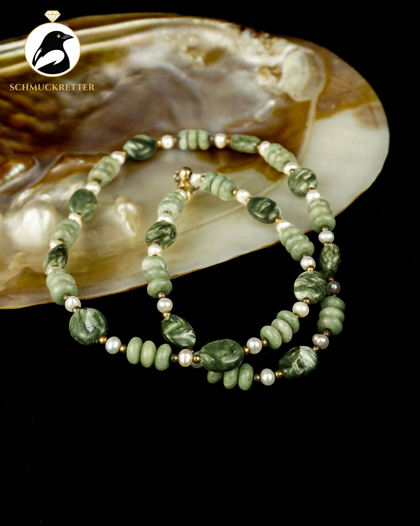 Jadekette mit Perlen und Seraphinit - mit 925 Silber Verschluss