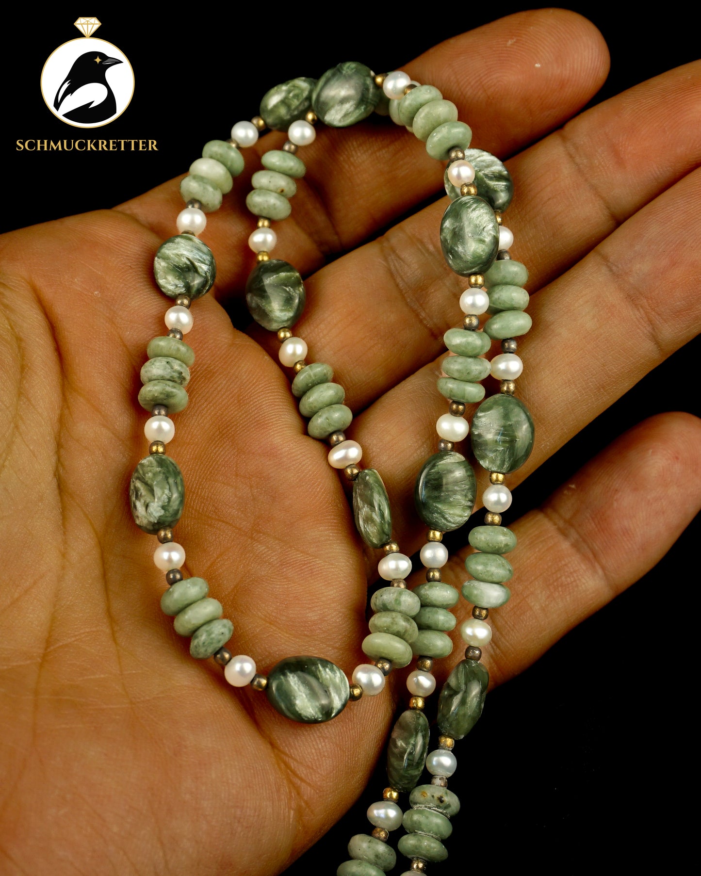 Jadekette mit Perlen und Seraphinit - mit 925 Silber Verschluss