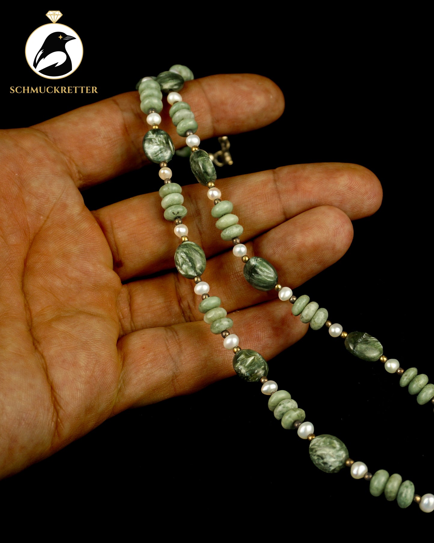 Jadekette mit Perlen und Seraphinit - mit 925 Silber Verschluss