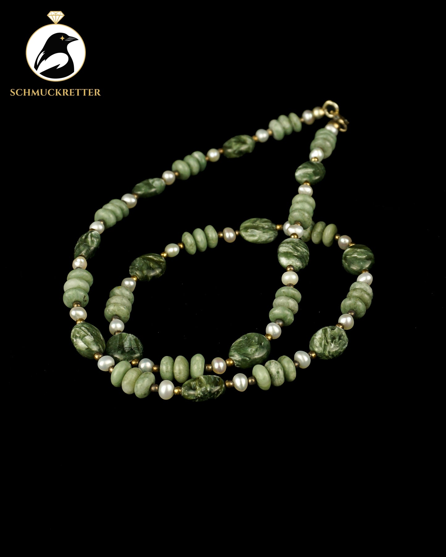 Jadekette mit Perlen und Seraphinit - mit 925 Silber Verschluss