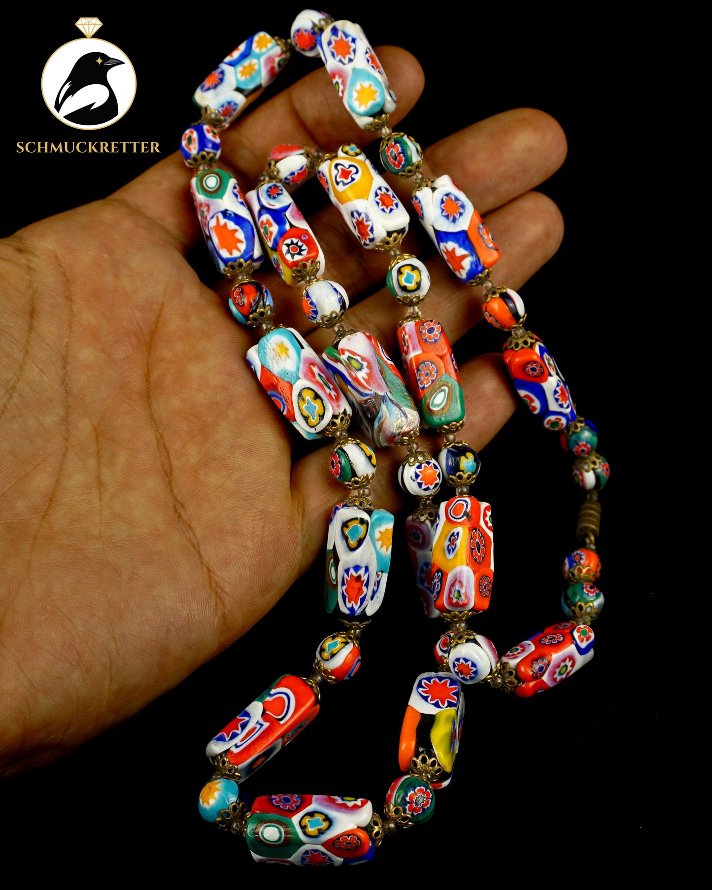 Vintage Millefiori-Muranoglas-Kette mit floralen Glasperlen (weiß)