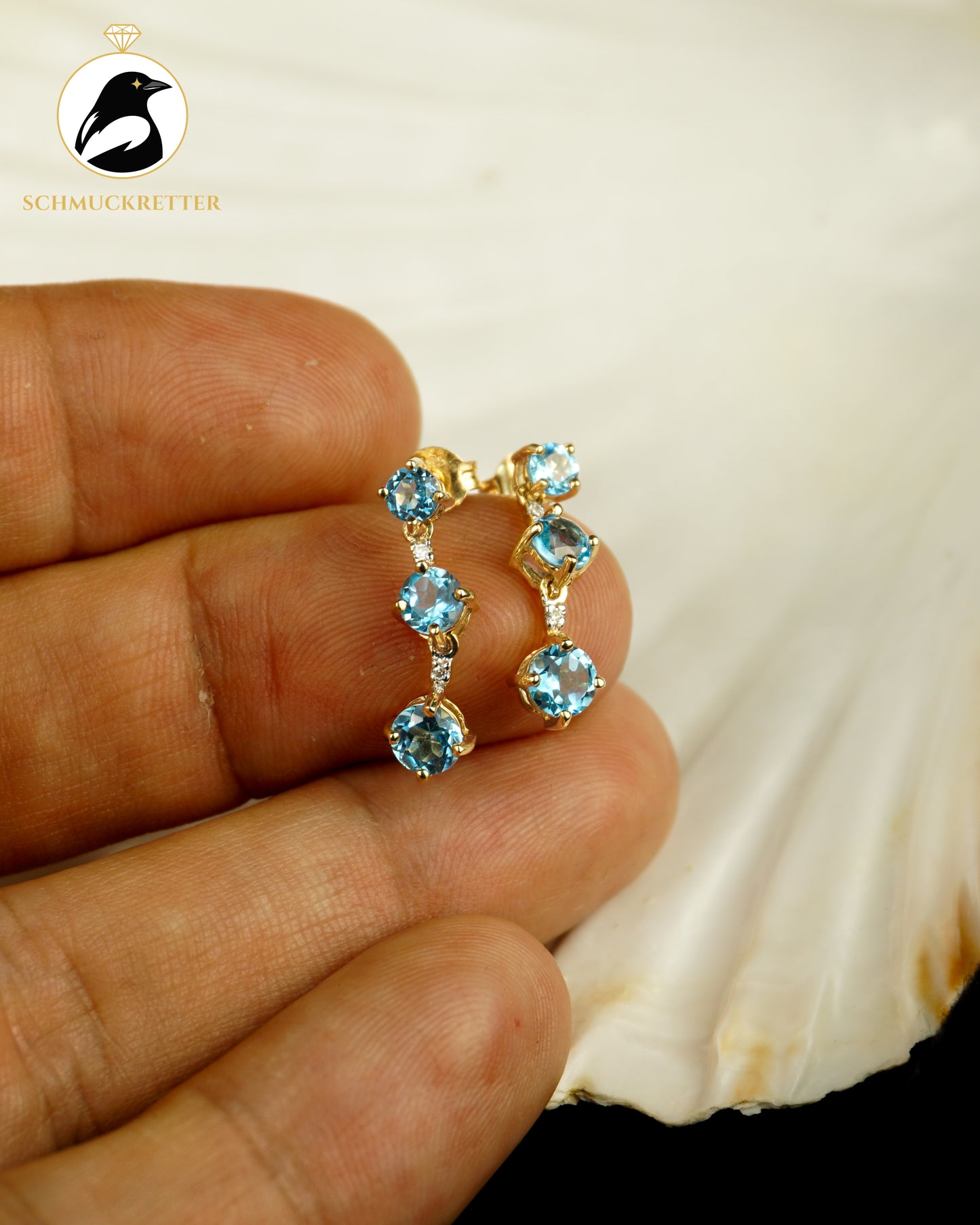 585 Gold Ohrringe mit Blautopas und Diamanten