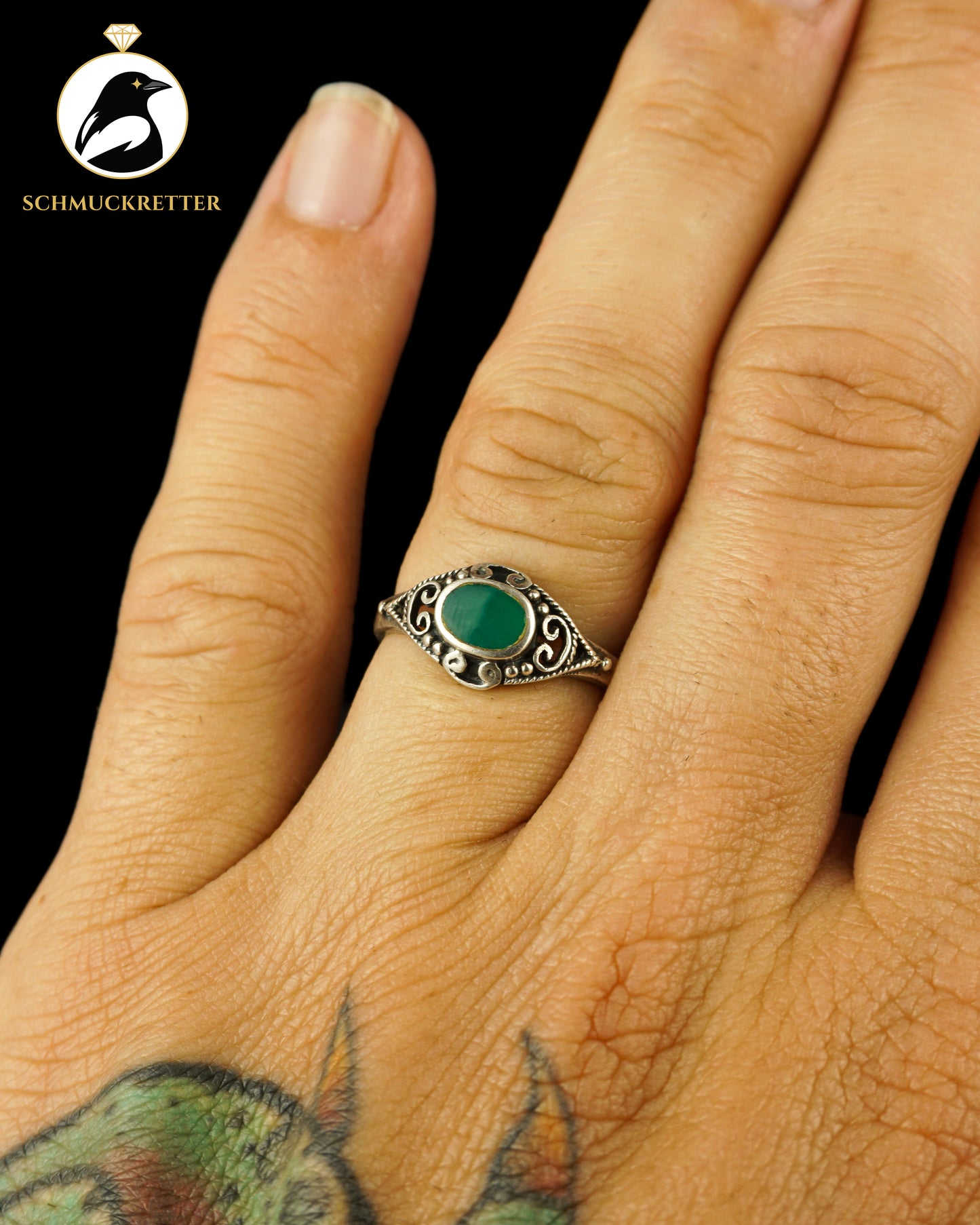 Verzierter 925 Silber Ring mit grünem Achat, Gr. 54