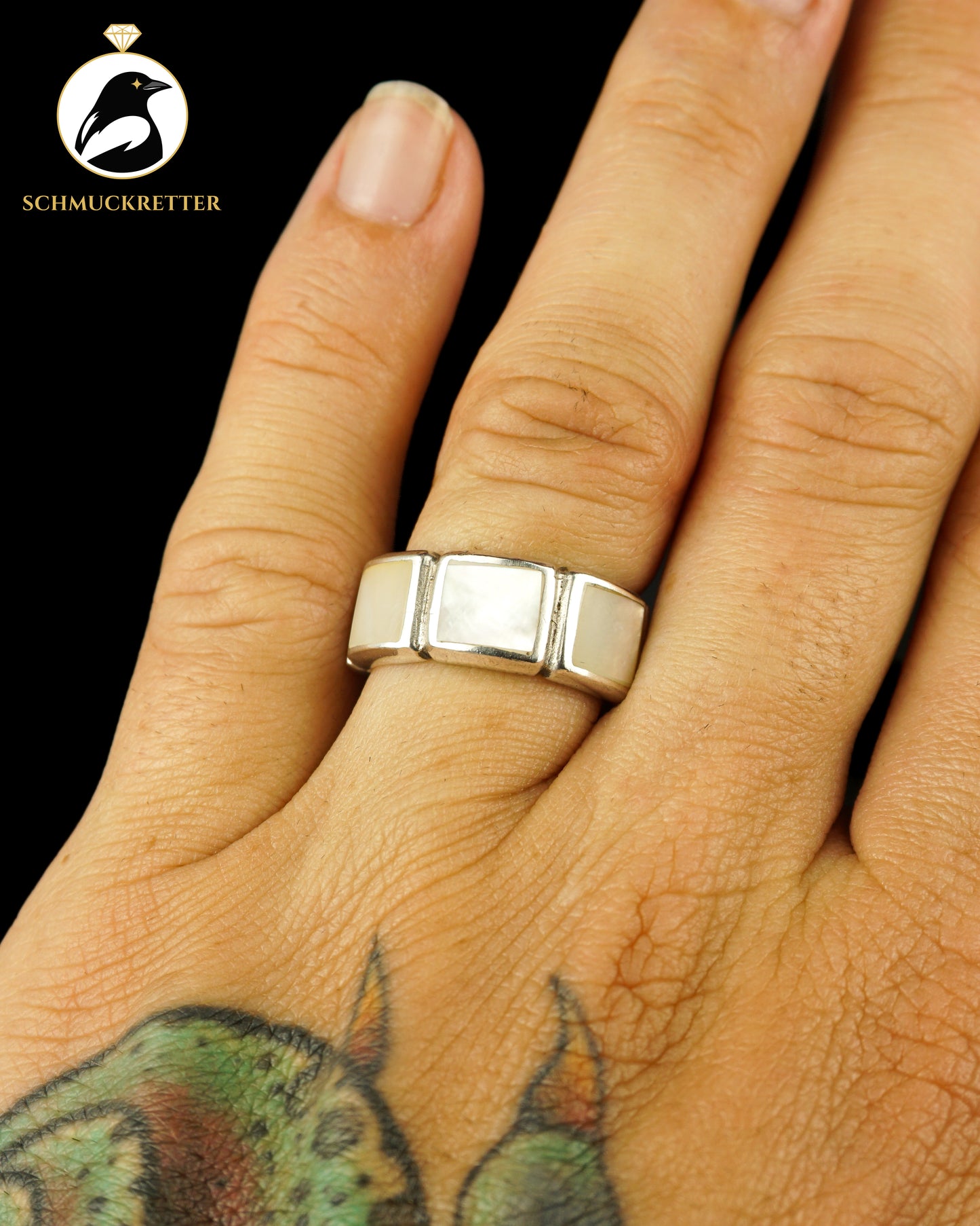 Breiter 925 Silber Ring mit Perlmutt, Gr. 54