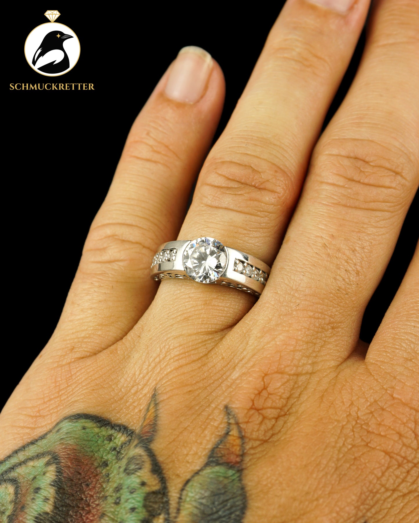 925 Silber Diamonique Solitärring mit Zierdekor, Gr. 57