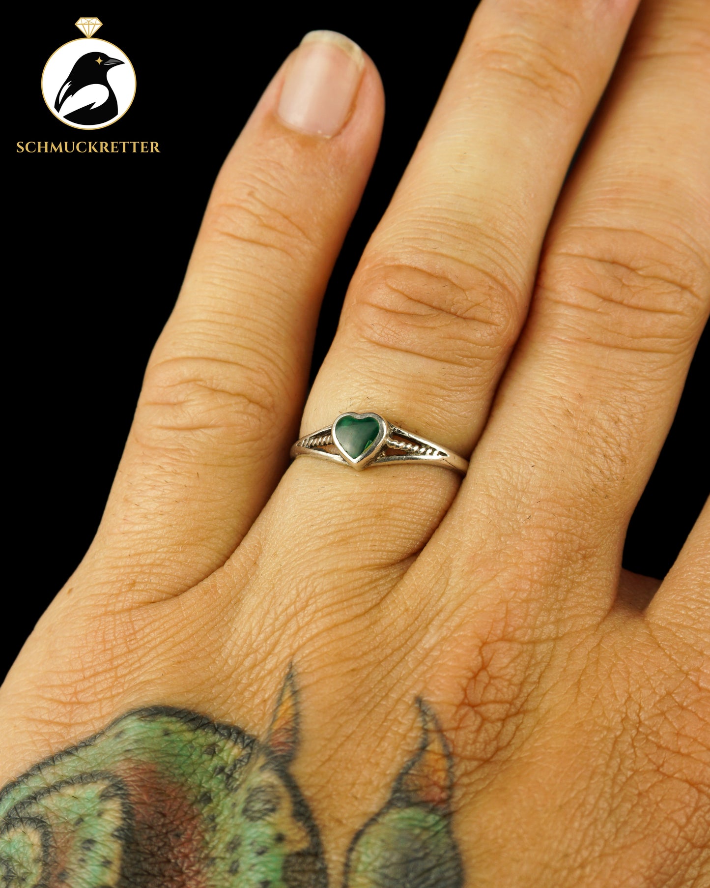 Zarter 925 Silber Ring mit grünem Achat-Herz, Gr. 54