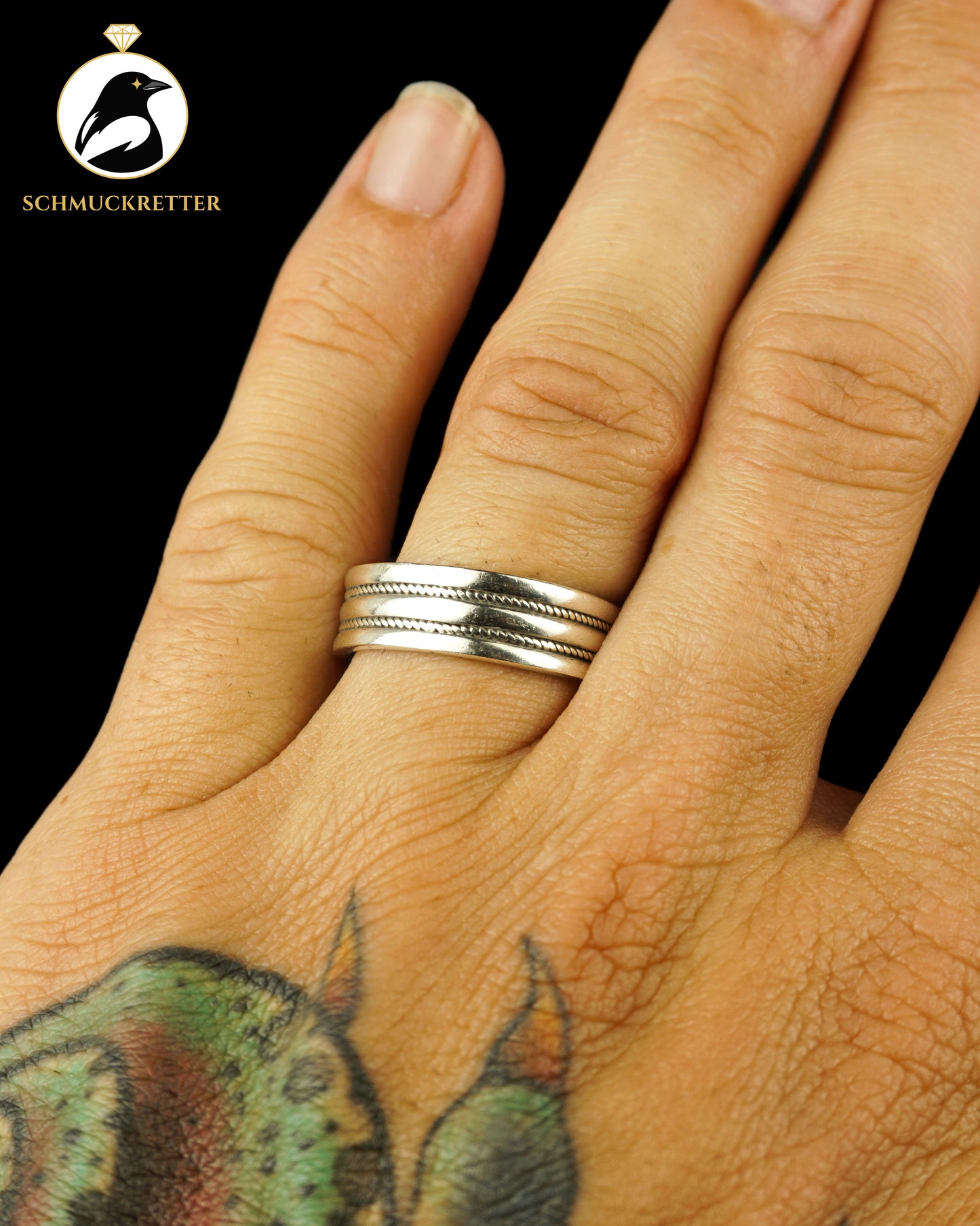 Breiter 925 Silber Bandring mit Kordeldekor, Gr. 58