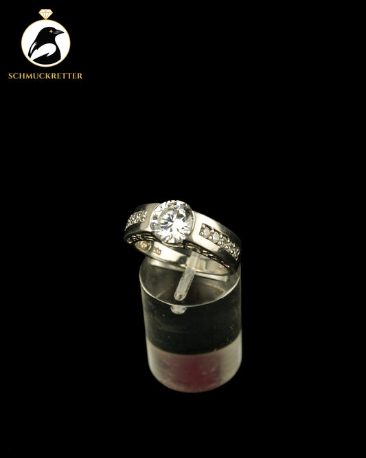 925 Silber Diamonique Solitärring mit Zierdekor, Gr. 57