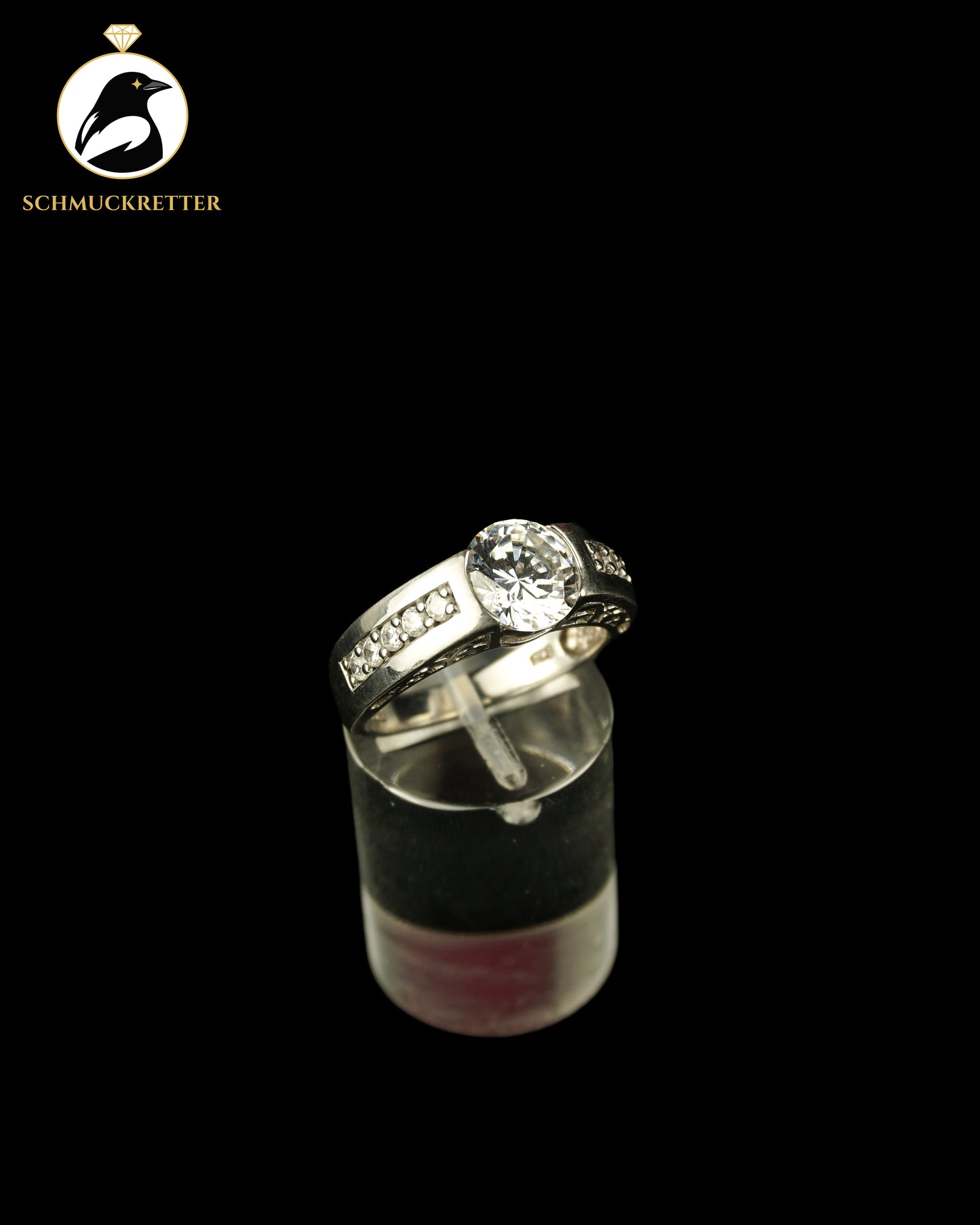 925 Silber Diamonique Solitärring mit Zierdekor, Gr. 57