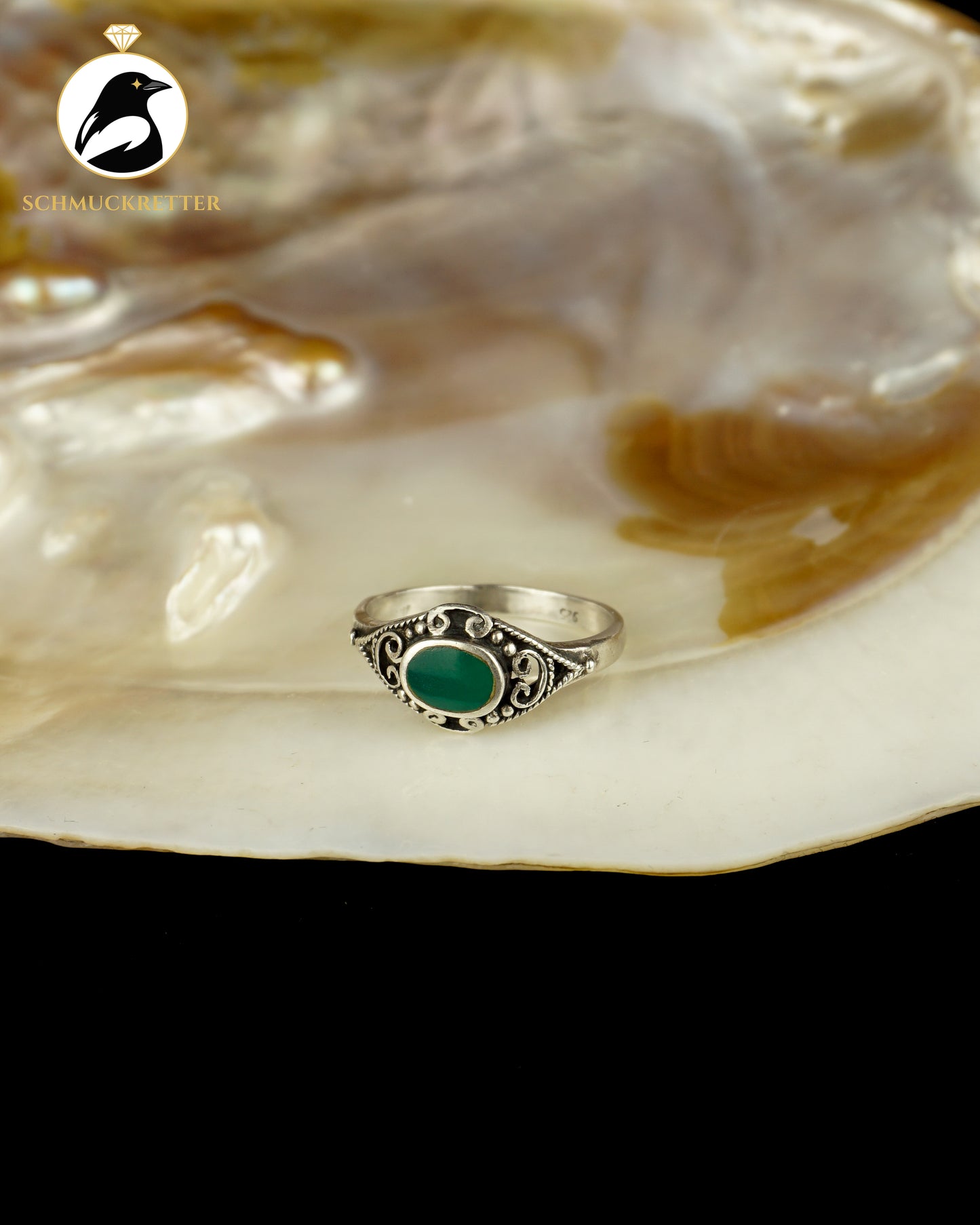 Verzierter 925 Silber Ring mit grünem Achat, Gr. 54