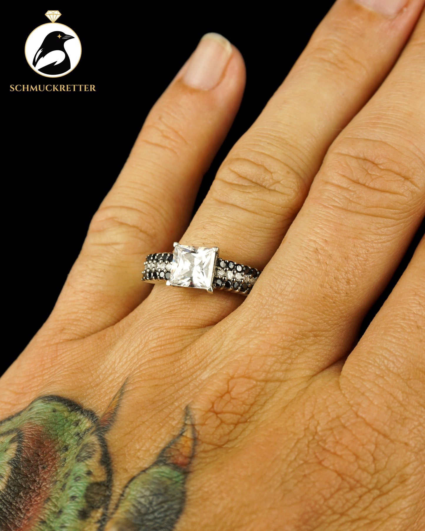925 Silber Diamonique Ring mit schwarzen & weißen Zirkonia, Gr. 60