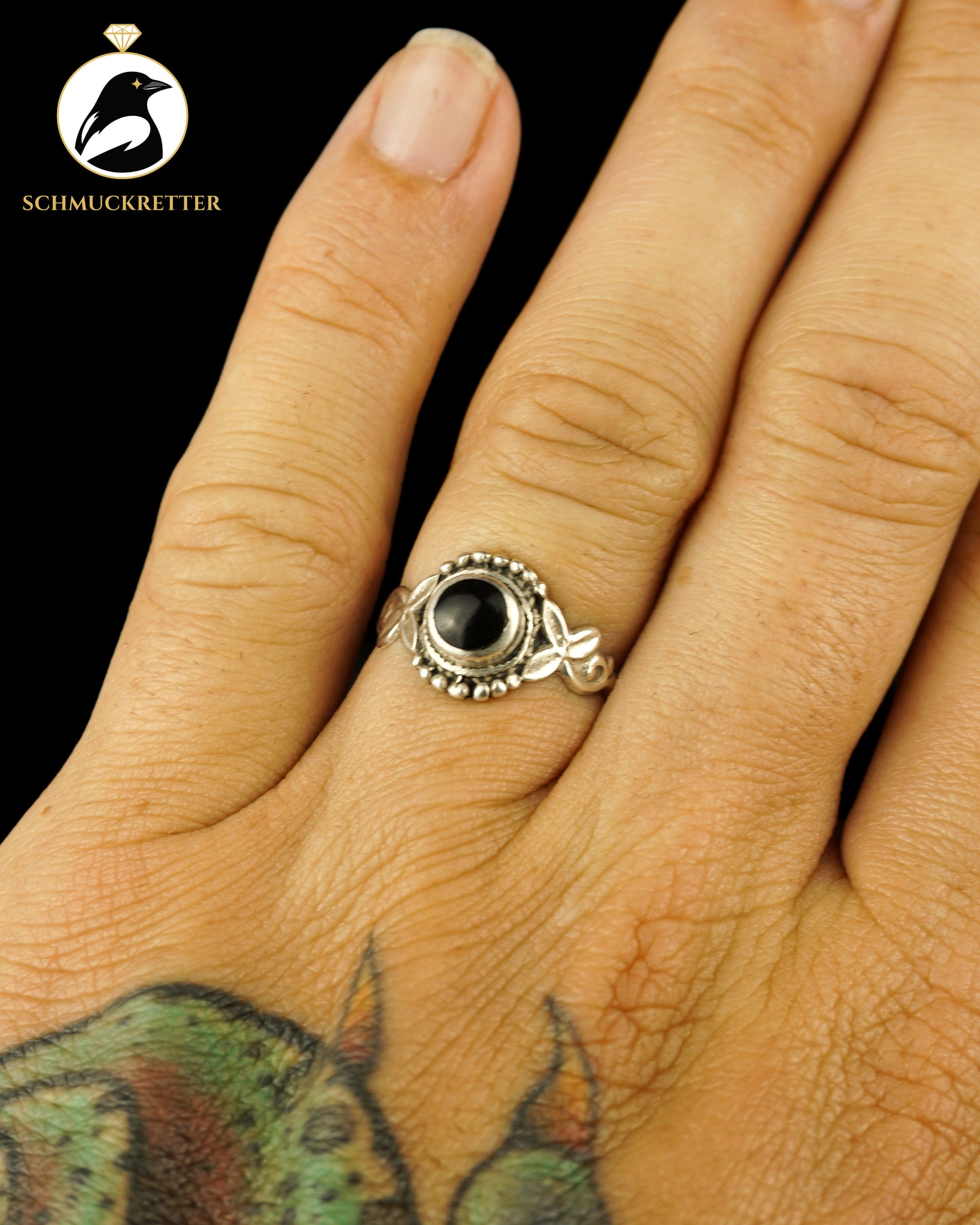 Verzierter 925 Silber Ring mit schwarzer Emaille, Gr. 56