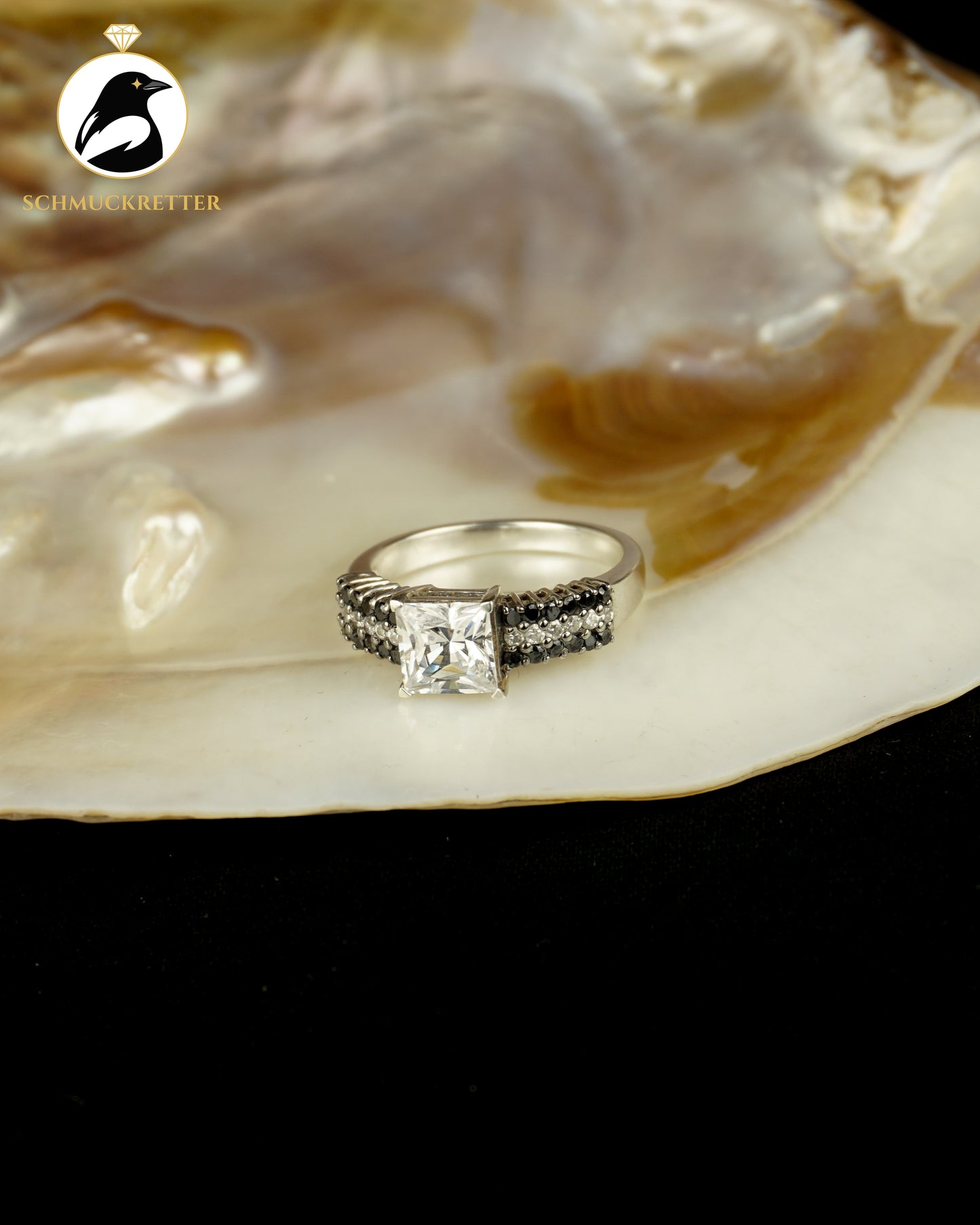 925 Silber Diamonique Ring mit schwarzen & weißen Zirkonia, Gr. 60
