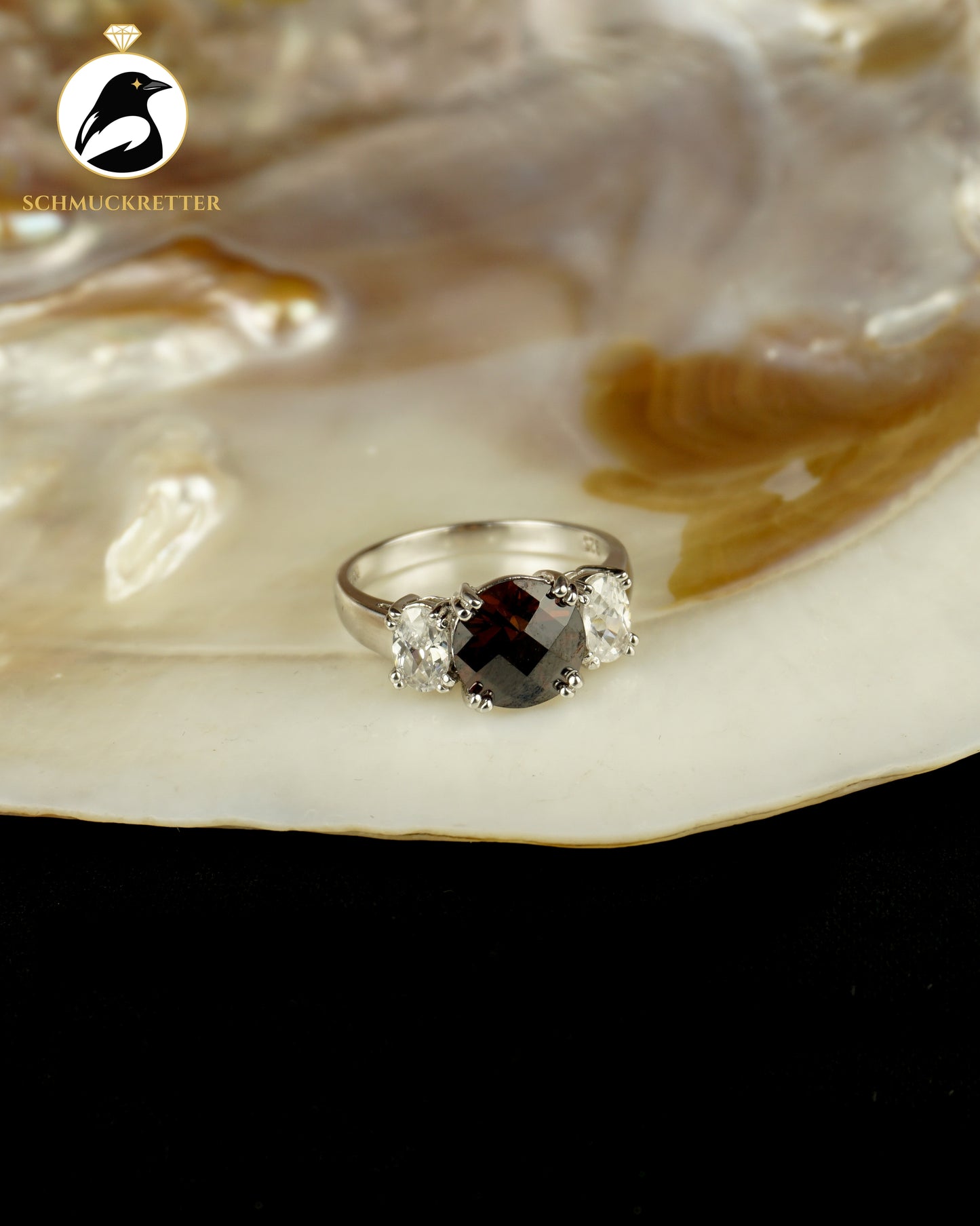 925 Silber Diamonique Trilogie-Ring mit cognacfarbenem & weißen Zirkonia, Gr. 57