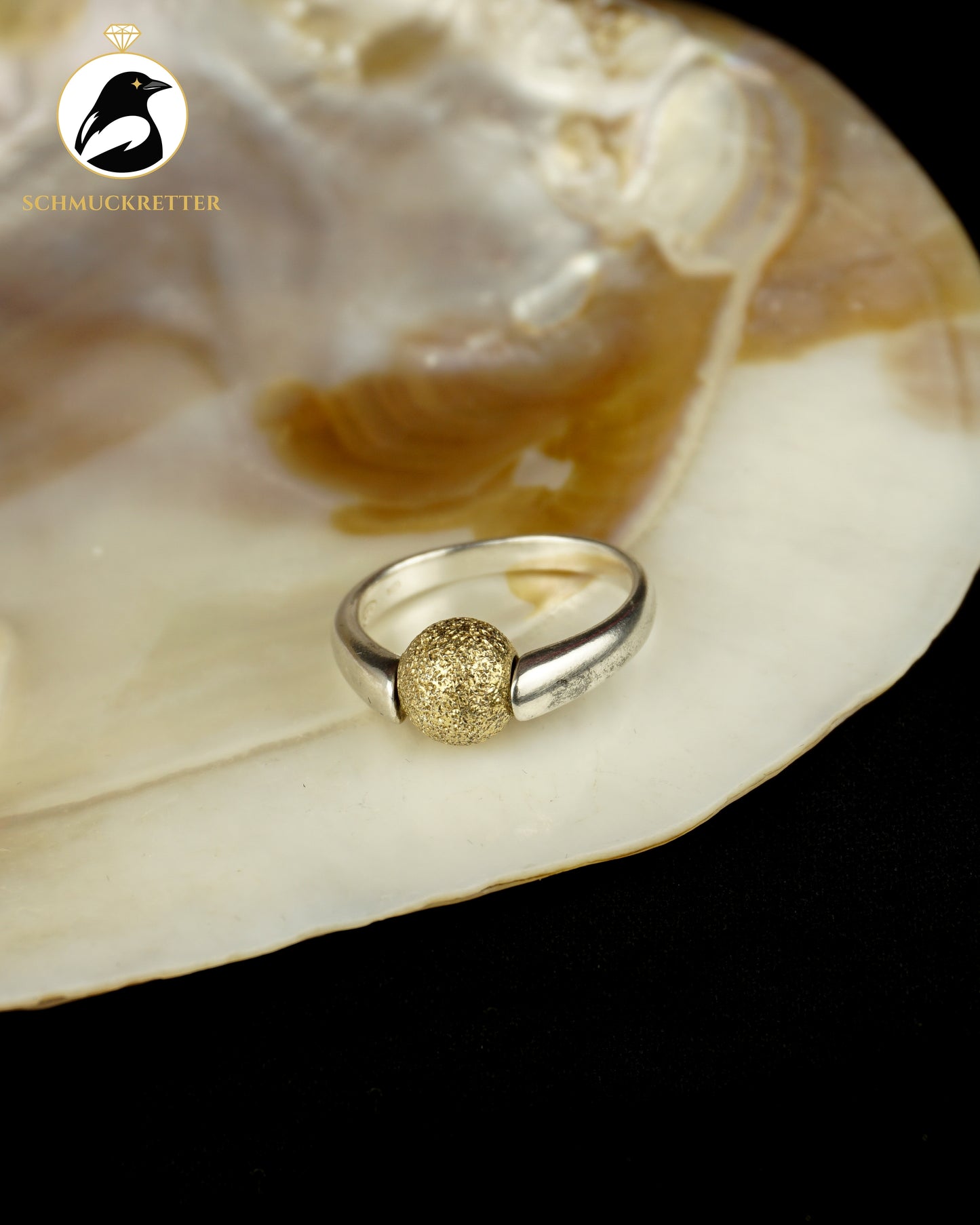 925 Silber Spielring mit beweglicher, goldener Kugel, Gr. 58